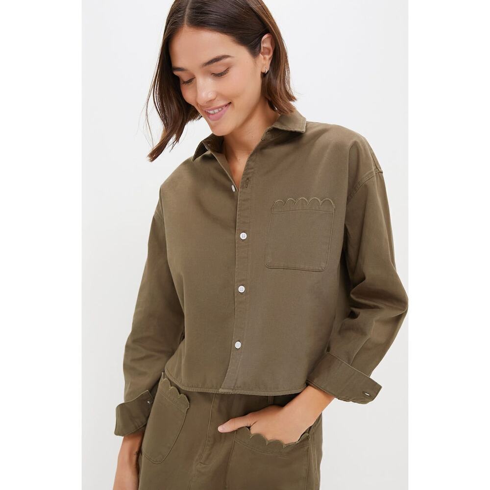 TUCKERNUCK Army Green Chino Cropped Jasper Button Down NWT M - Picture 2 of 6